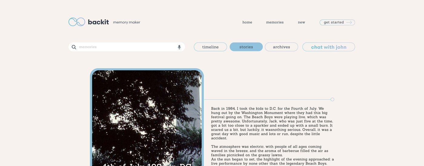 BackIt stories view with automatically generated narrative entries