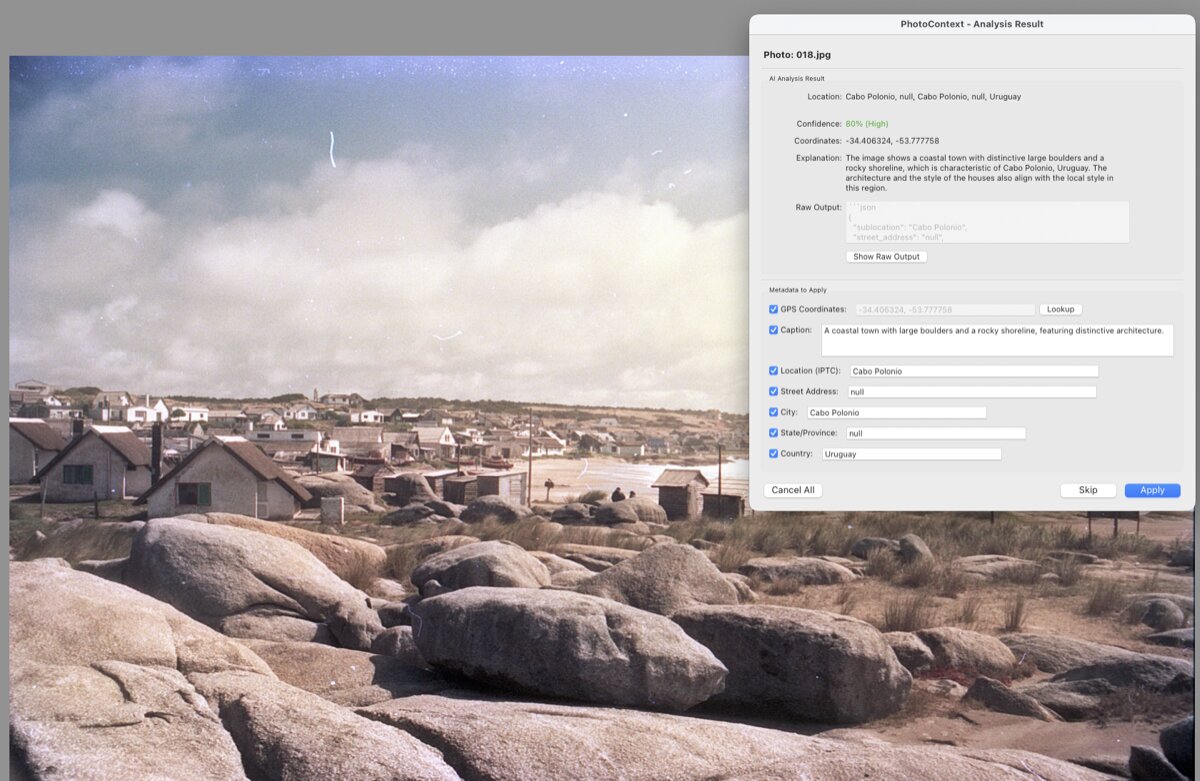 PhotoContext analyzing a photo of Cabo Polonio, Uruguay in Lightroom