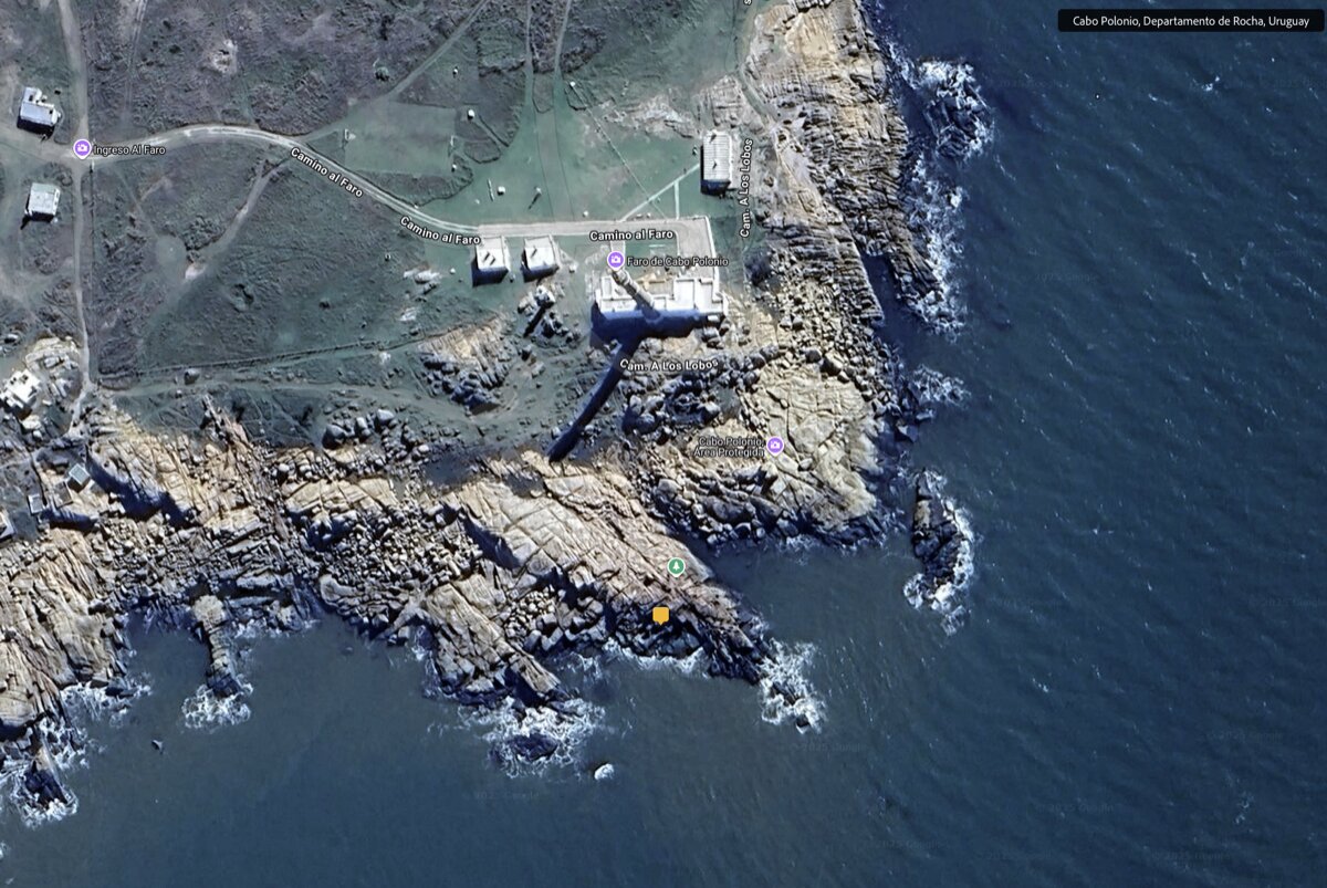 Satellite view of Cabo Polonio, Uruguay showing the GPS pin placed by PhotoContext