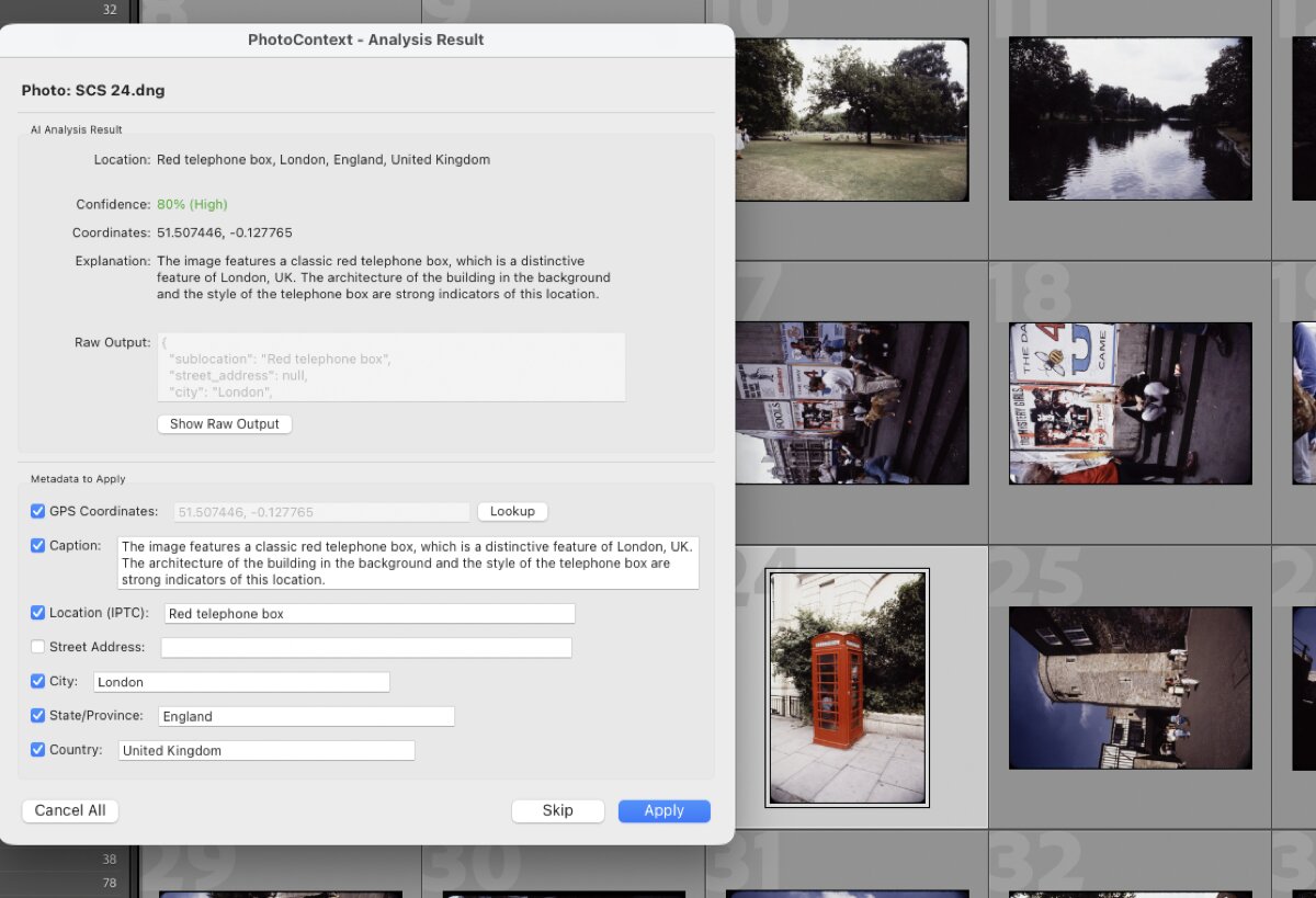 PhotoContext identifying a red telephone box in London with full metadata breakdown
