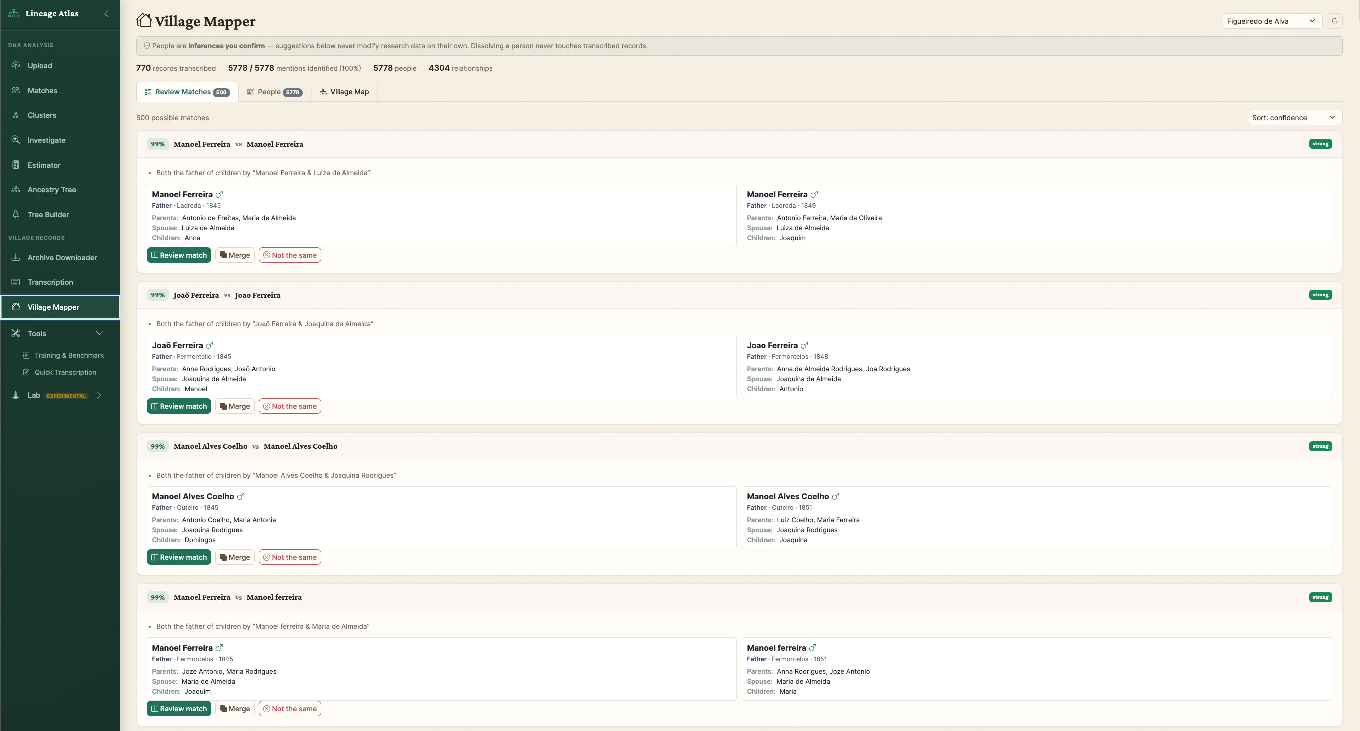 Match review interface comparing duplicate person records side by side